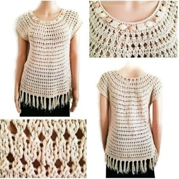 Ruby Rd. Women's Crochet Knit Fringe Tassel Hem Swim Cover-Up Top Size Medium - Picture 2 of 11